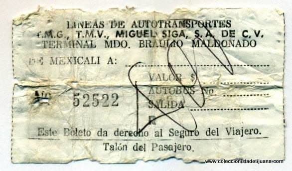 Boleto antiguo de Líneas de Autotransportes F.M.G., T.M.V. y Miguel Siga con terminal en el Mercado Braulio Maldonado